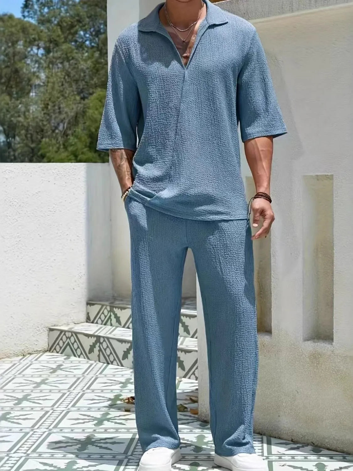 Ensemble Ruben – haut col Johnny et pantalon – photo produit 1