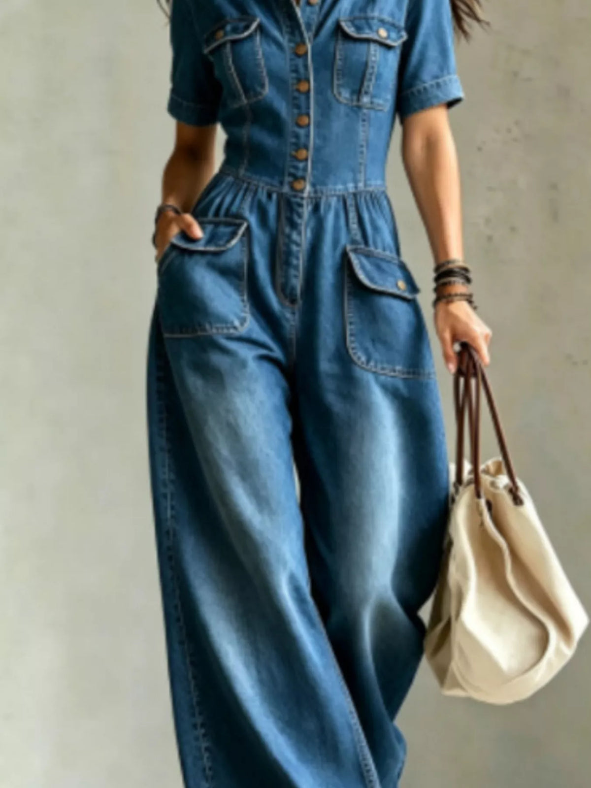 Combinaison Eva en jean à poches poitrine grande taille – photo produit 8