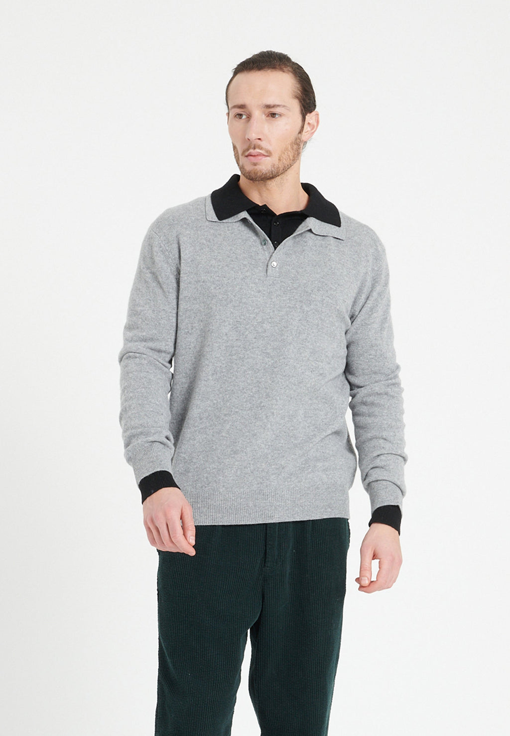 Men's light grey cashmere long-sleeve polo shirt - LUKE 5