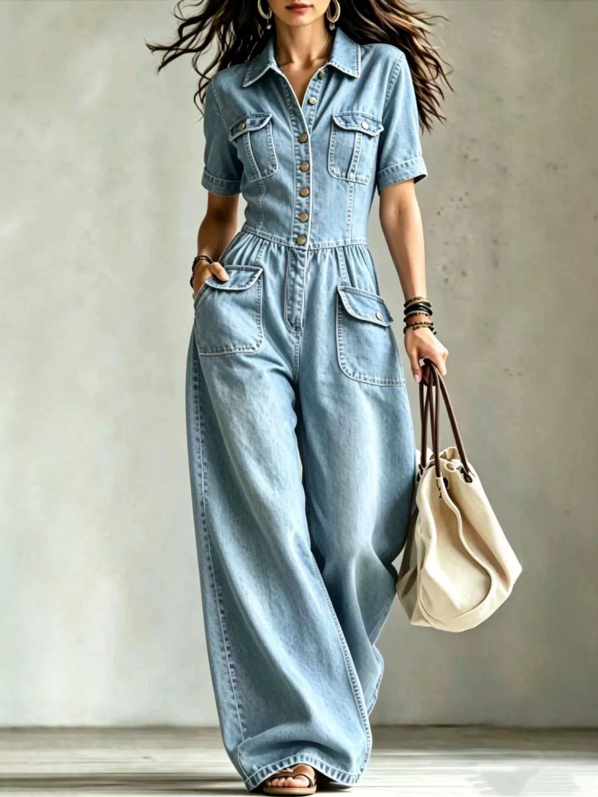 Combinaison Eva en jean à poches poitrine grande taille – photo produit 1