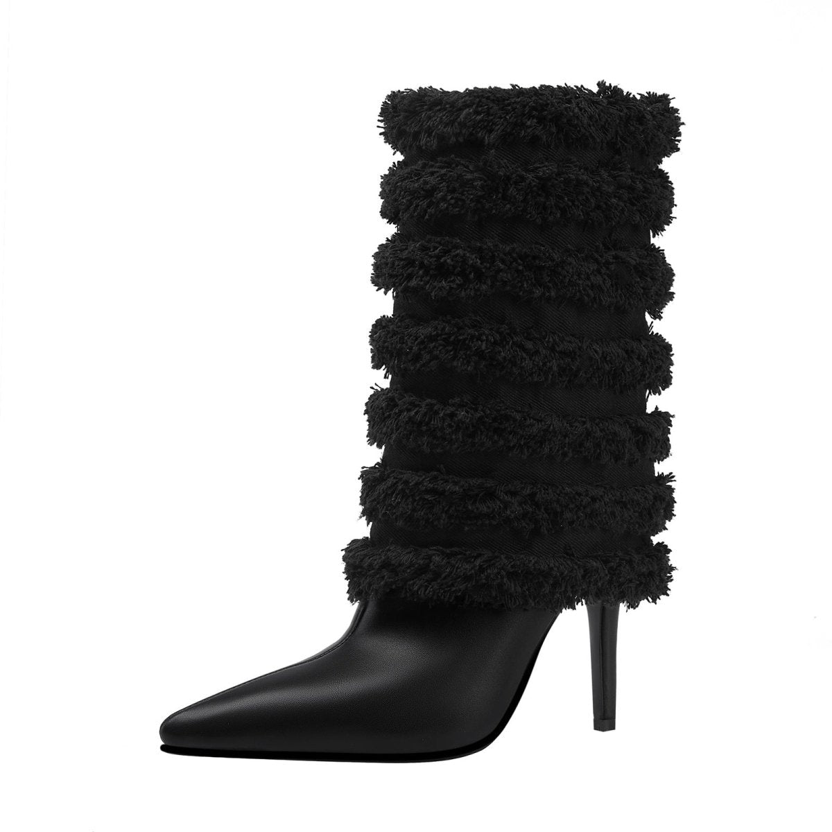 Black Leather Fur Coil Pointed Stiletto Boots