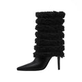 Black Leather Fur Coil Pointed Stiletto Boots