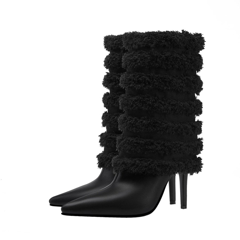 Black Leather Fur Coil Pointed Stiletto Boots