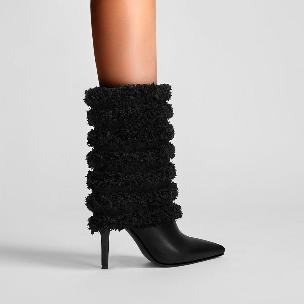Black Leather Fur Coil Pointed Stiletto Boots