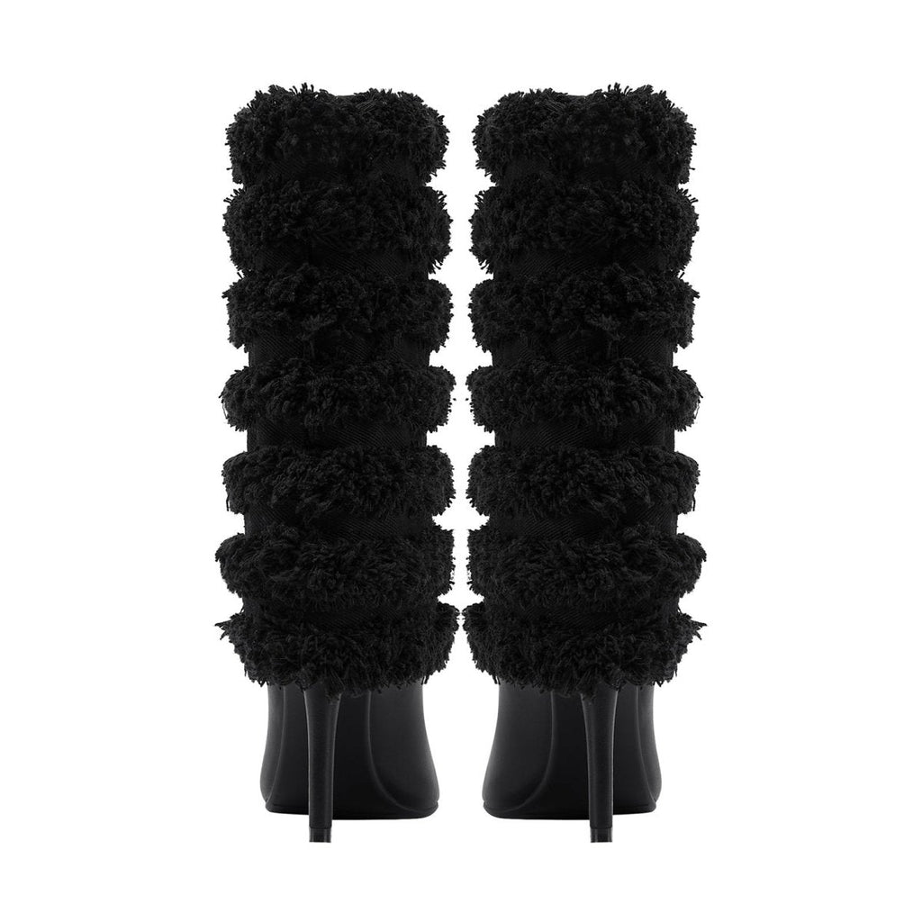 Black Leather Fur Coil Pointed Stiletto Boots