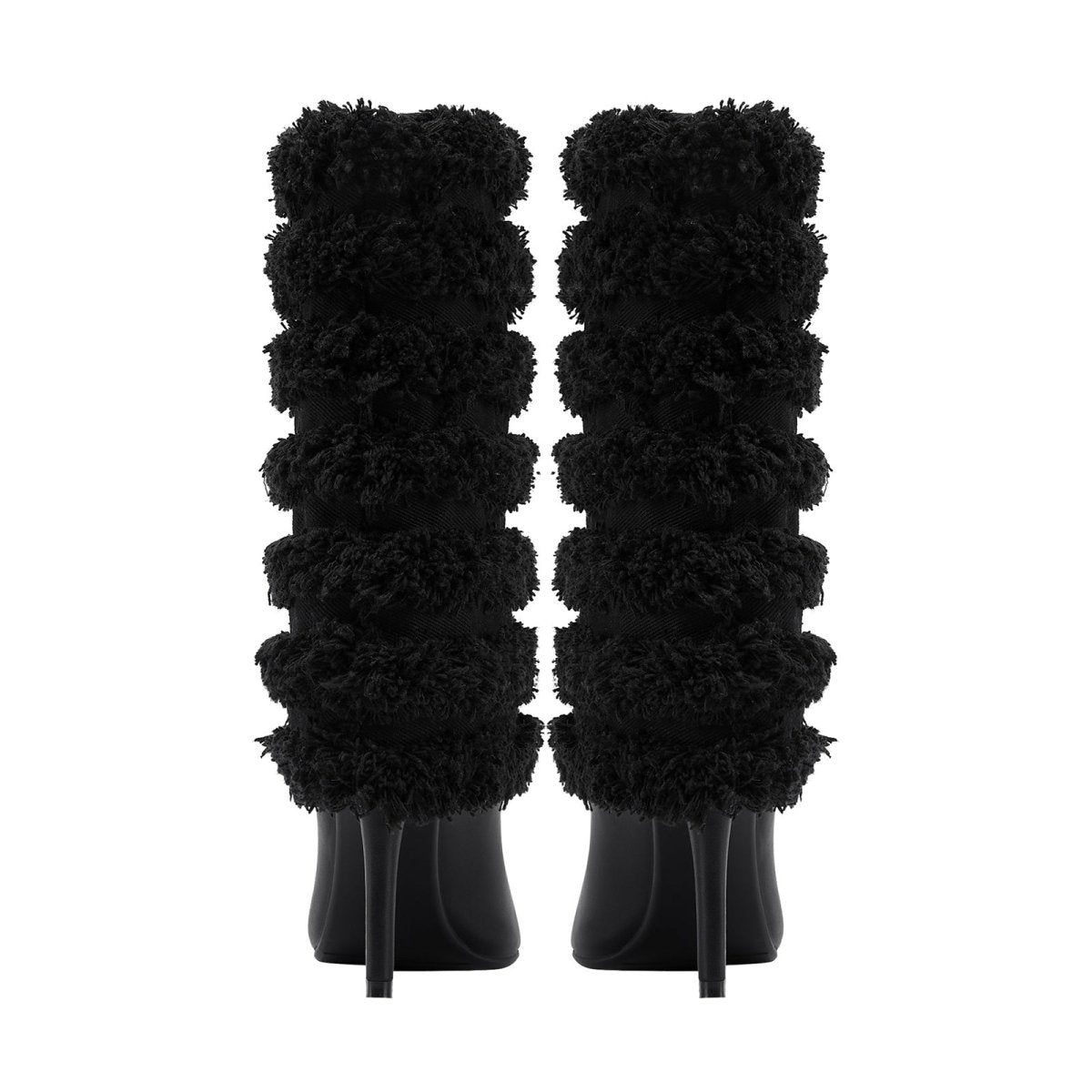 Black Leather Fur Coil Pointed Stiletto Boots