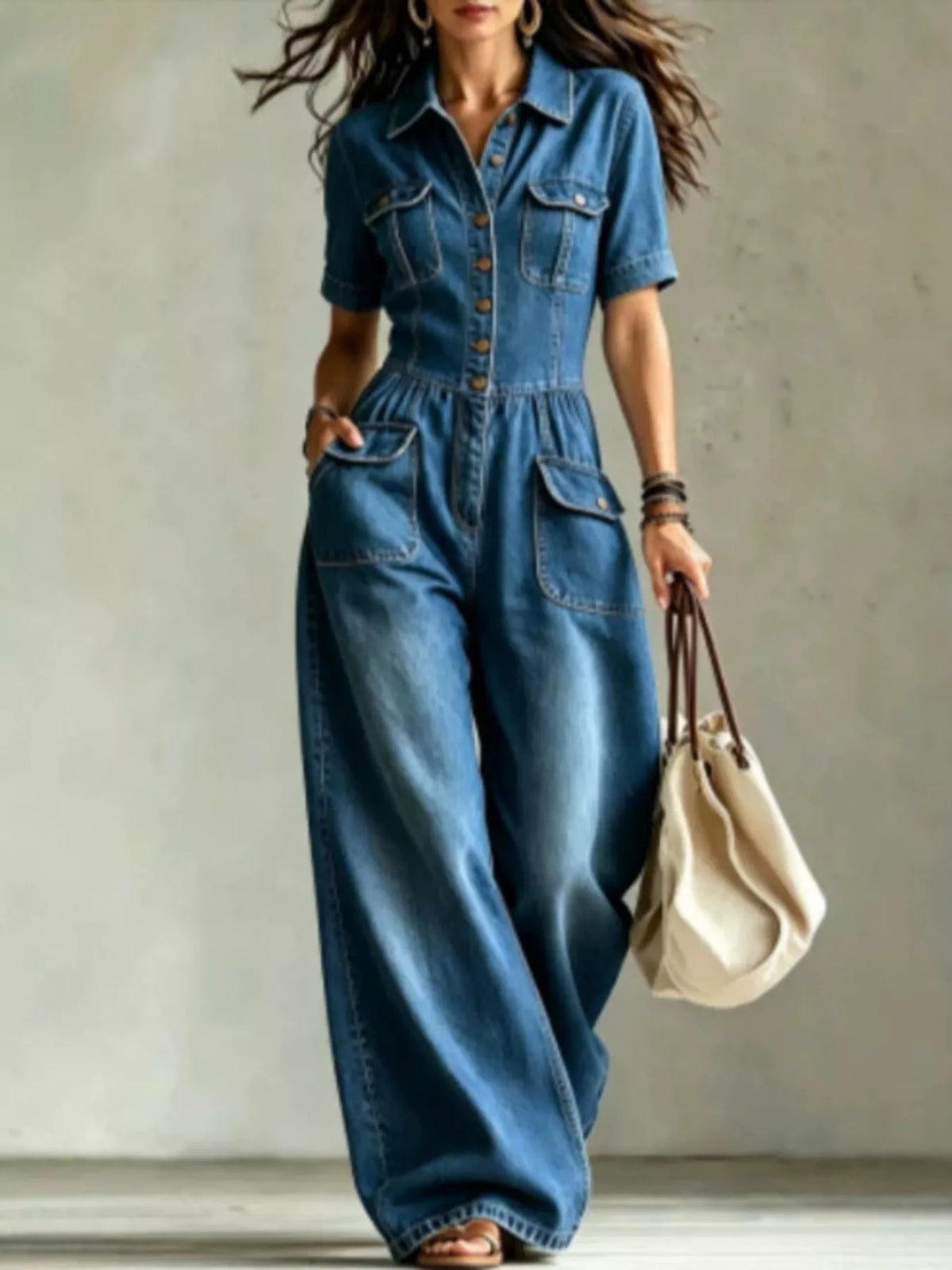 Combinaison Eva en jean à poches poitrine grande taille – photo produit 7