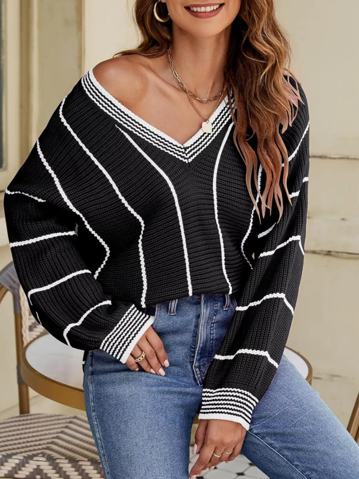 Pull Myztery rayé col V – photo produit 5