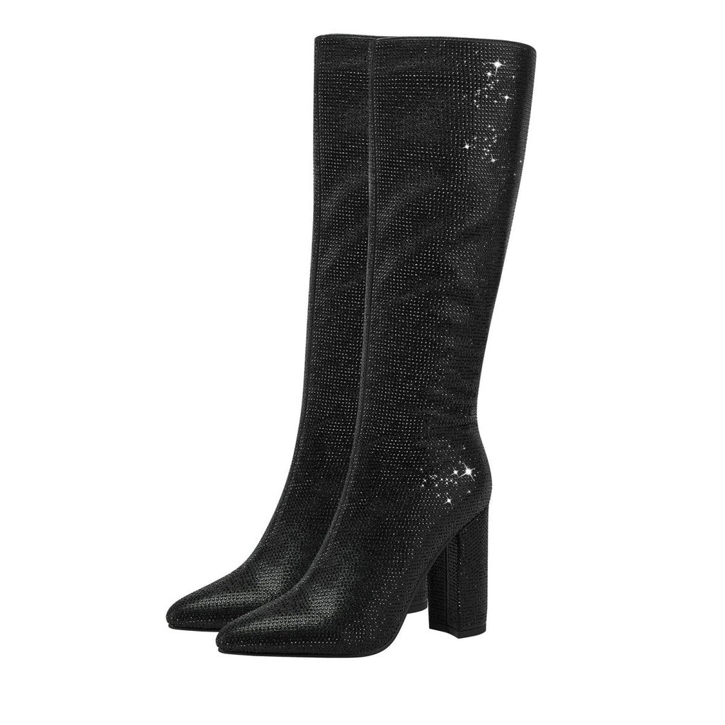 Glittery Rhinestone Pointed Toe Knee High Boots