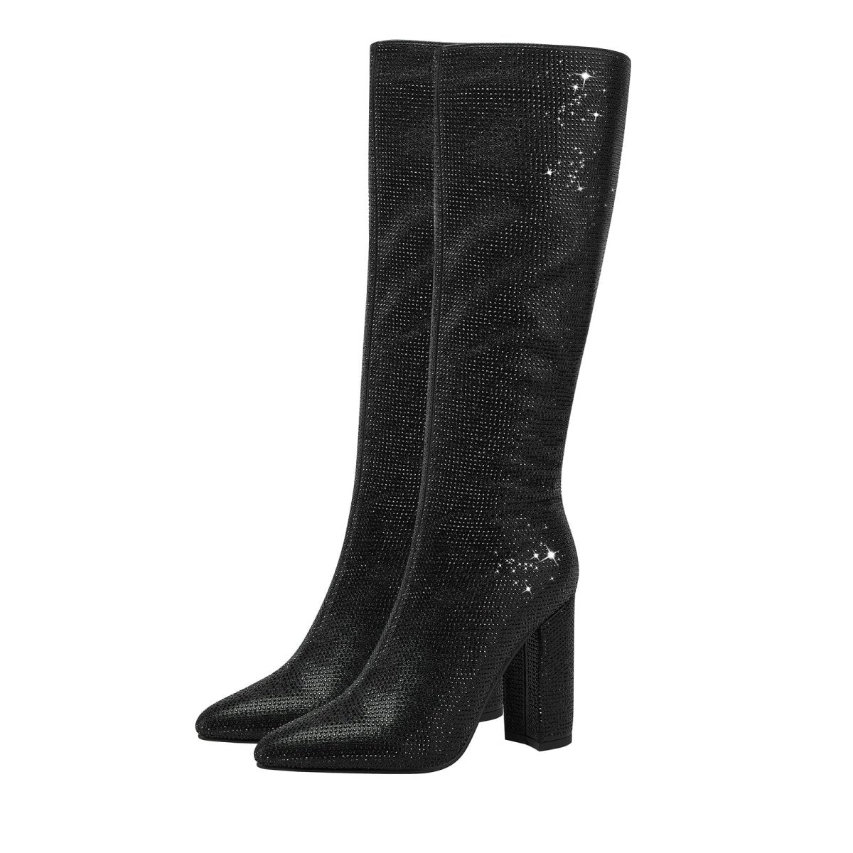 Glittery Rhinestone Pointed Toe Knee High Boots