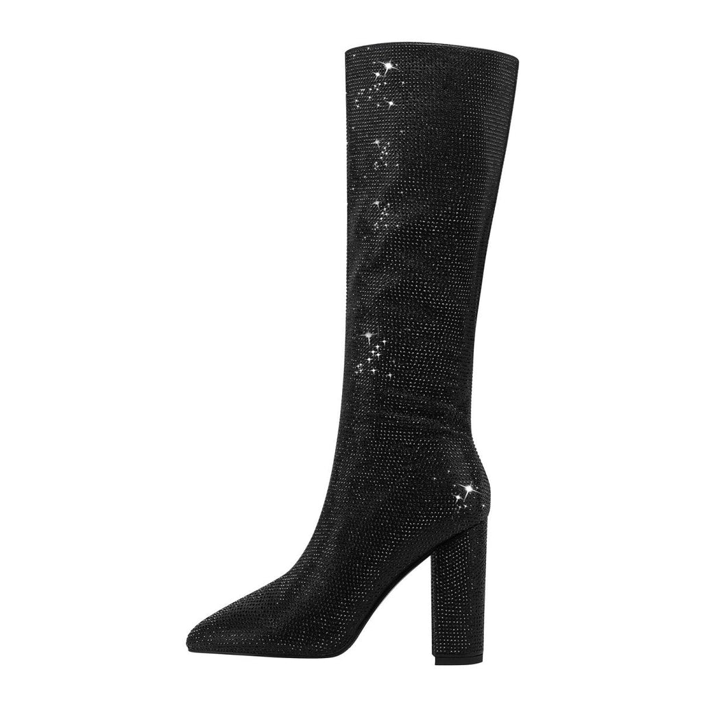 Glittery Rhinestone Pointed Toe Knee High Boots
