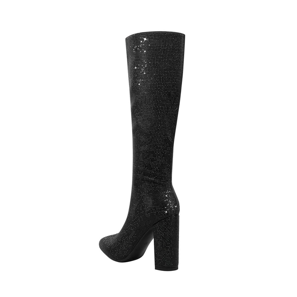 Glittery Rhinestone Pointed Toe Knee High Boots