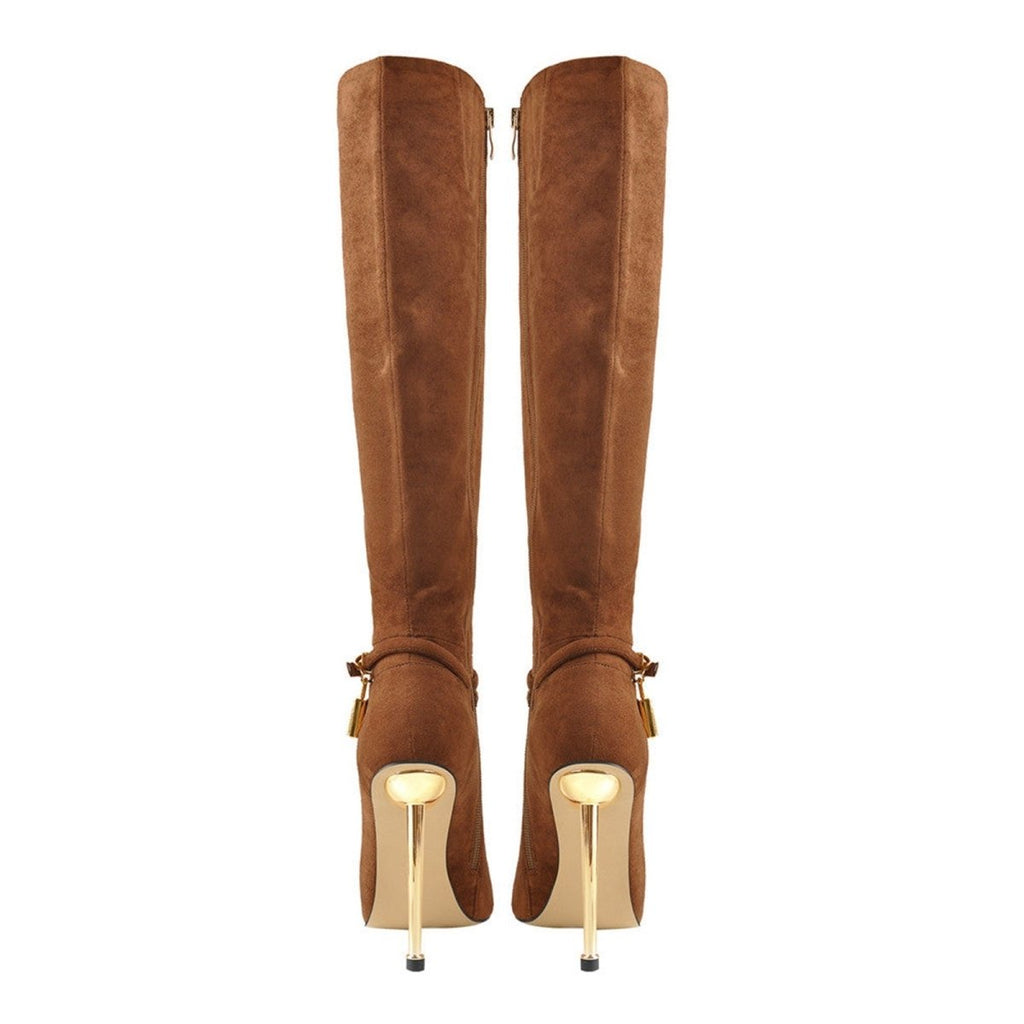 Lavish Brown Suede Pointed Toe Knee High Boots