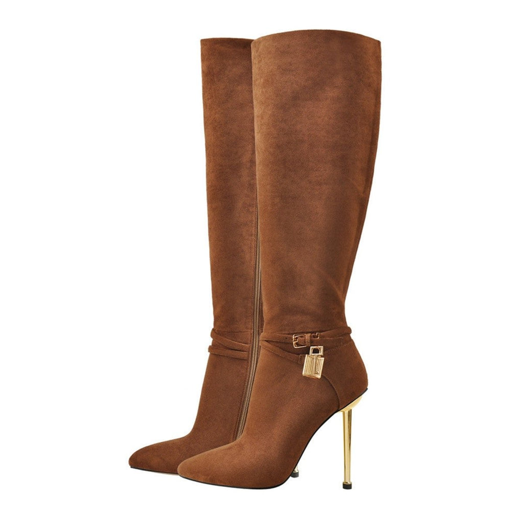 Lavish Brown Suede Pointed Toe Knee High Boots