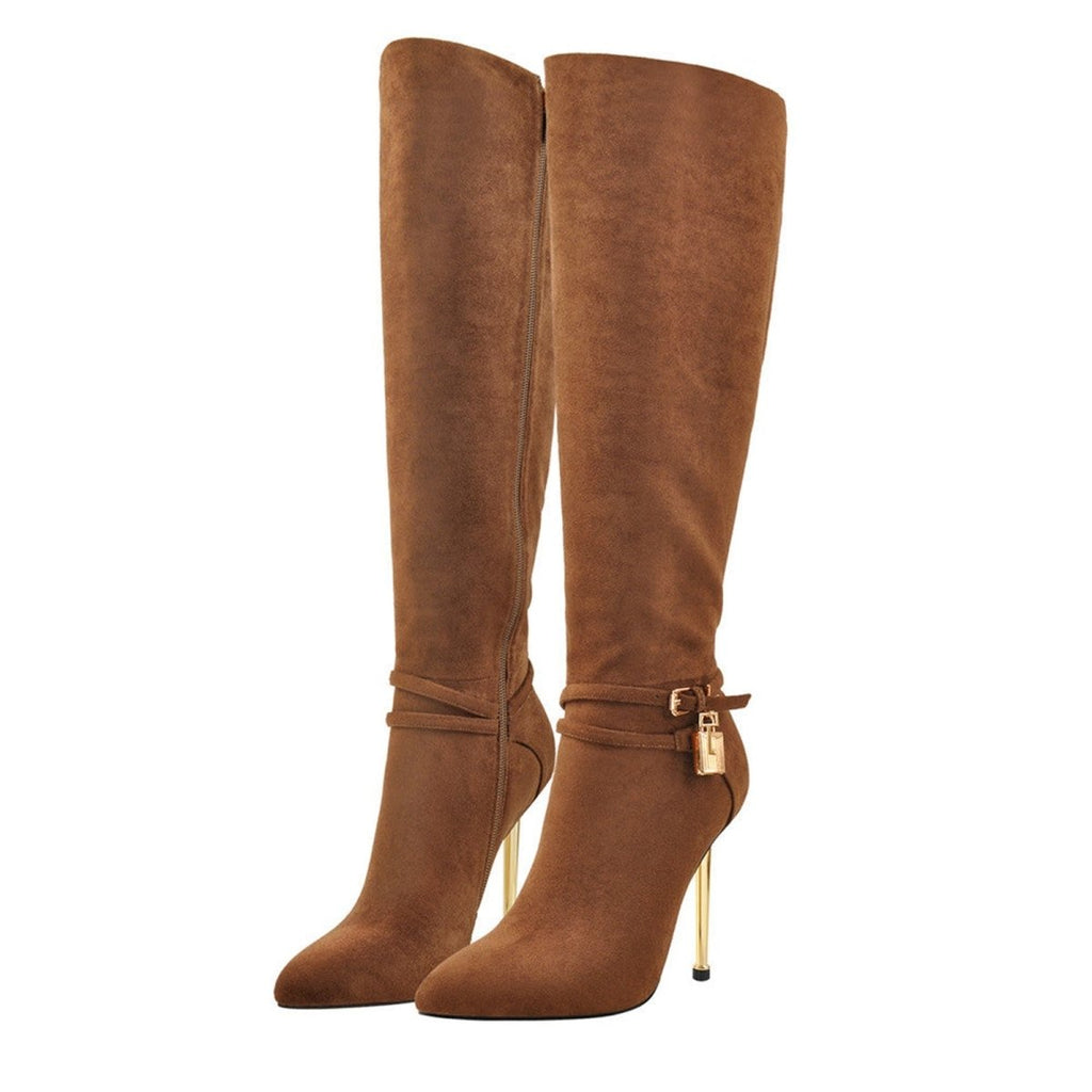 Lavish Brown Suede Pointed Toe Knee High Boots