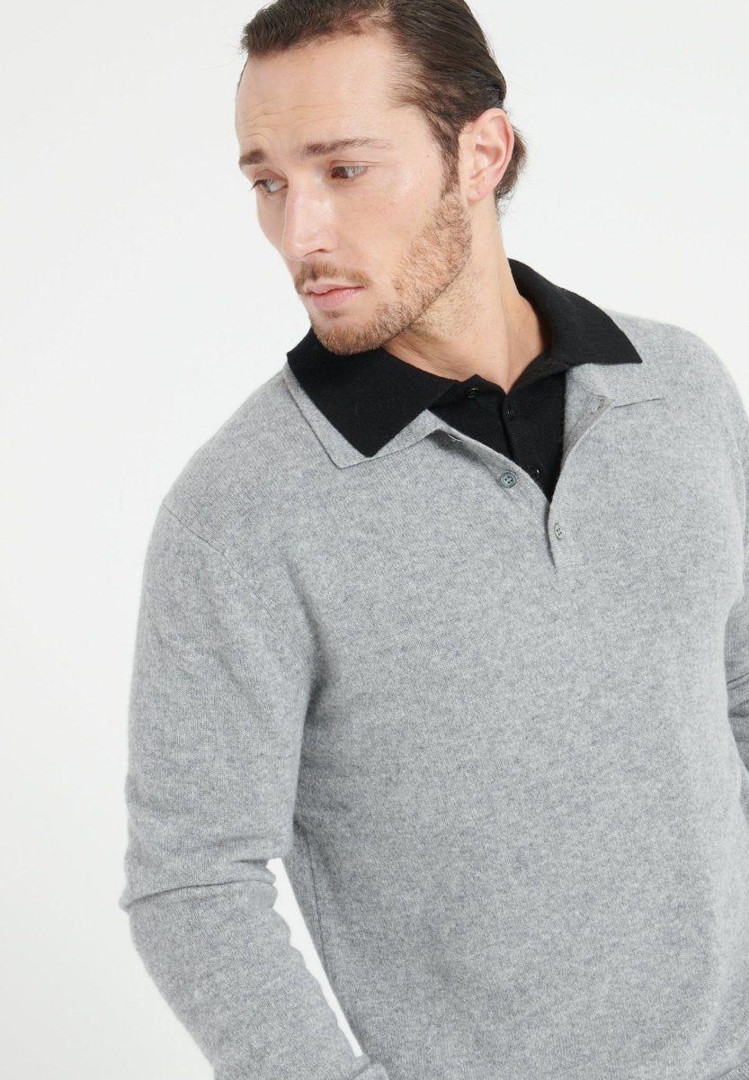 Men's light grey cashmere long-sleeve polo shirt - LUKE 5