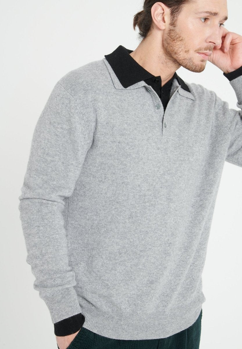 Men's light grey cashmere long-sleeve polo shirt - LUKE 5