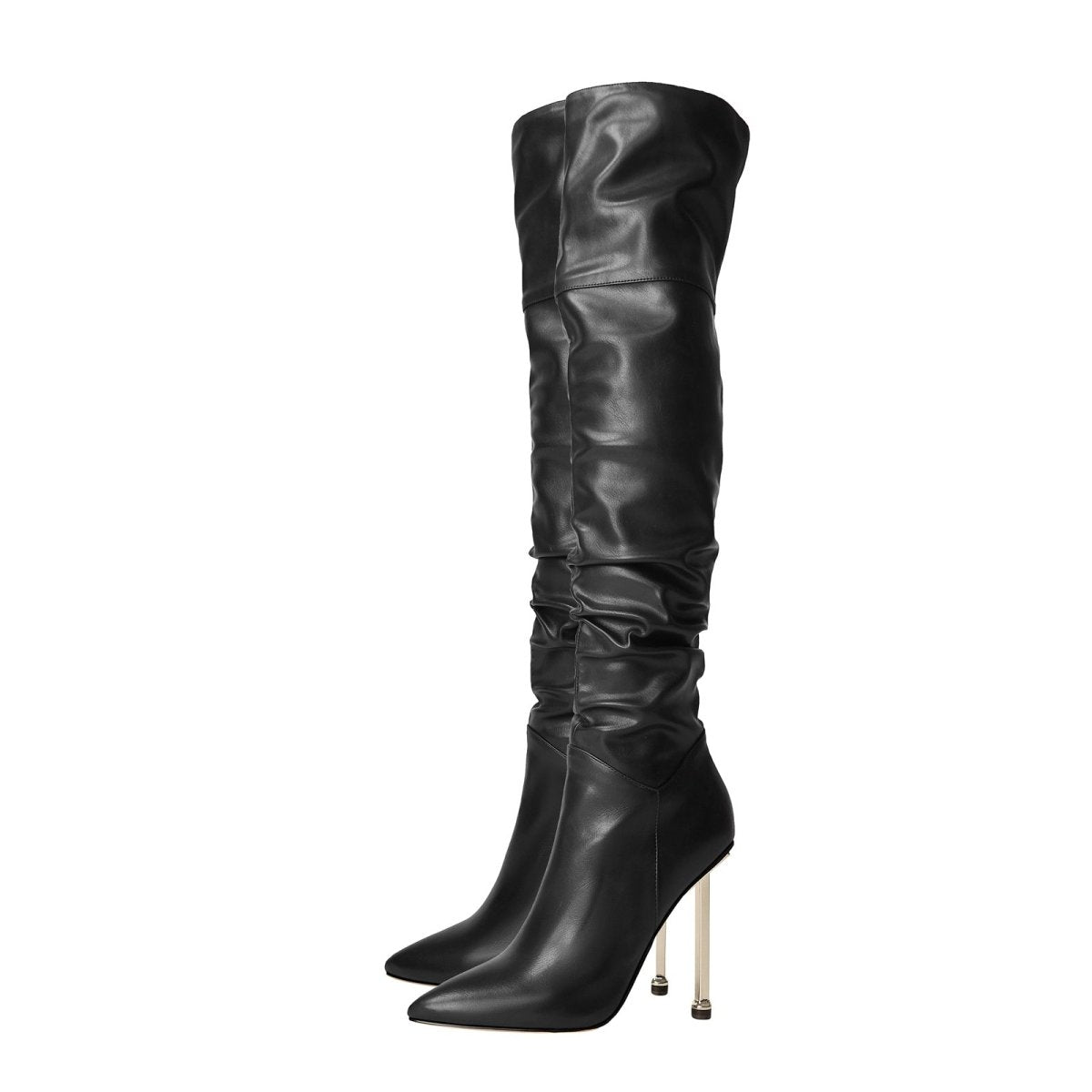 Sexy Pointed Toe Black Ruched Knee High Boots