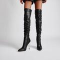Sexy Pointed Toe Black Ruched Knee High Boots