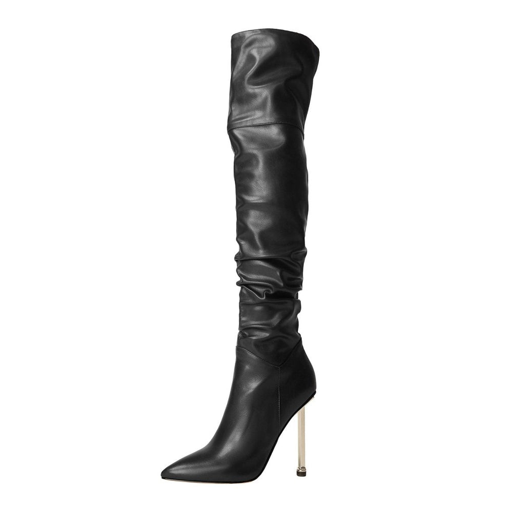 Sexy Pointed Toe Black Ruched Knee High Boots