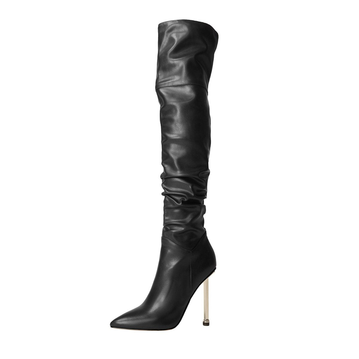 Sexy Pointed Toe Black Ruched Knee High Boots