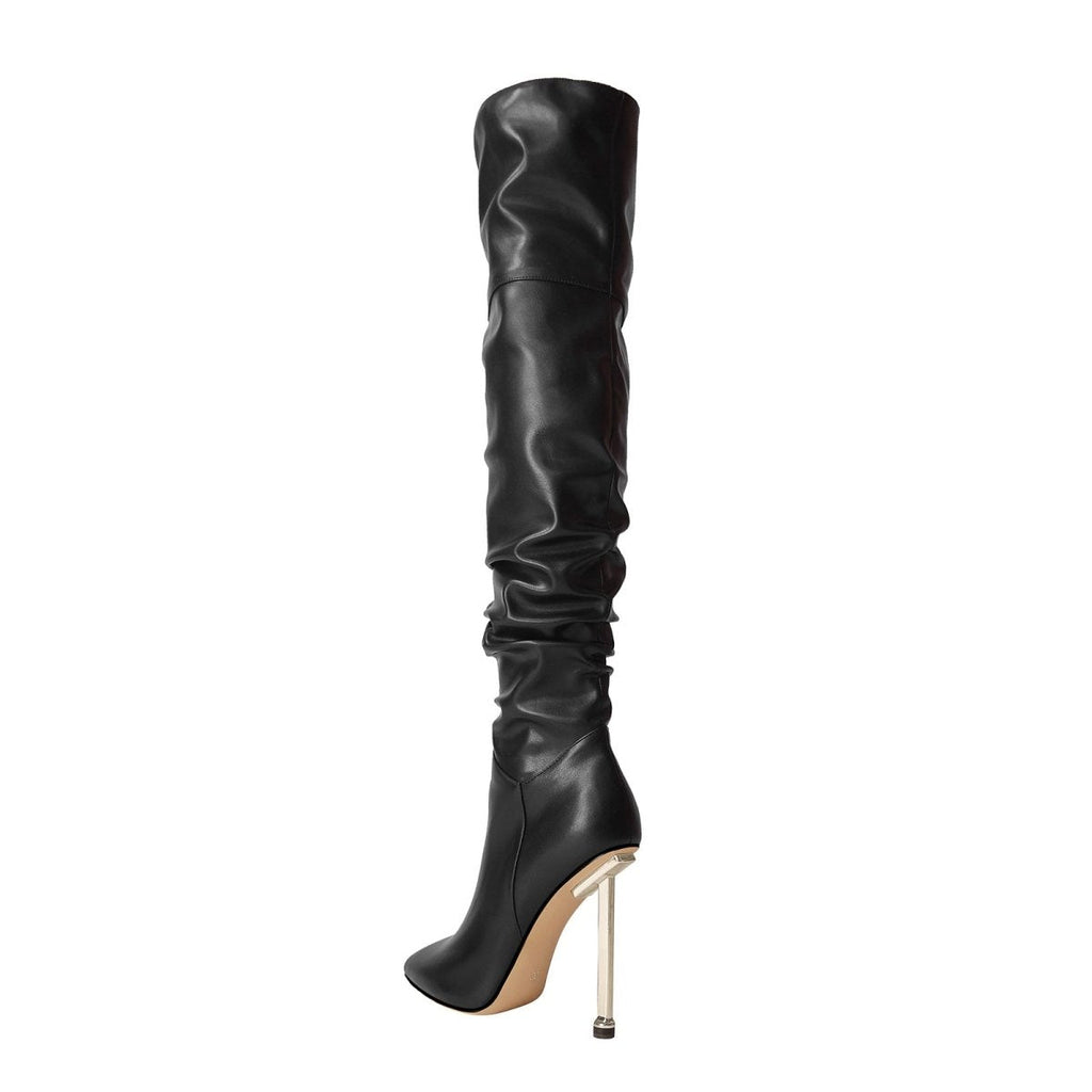 Sexy Pointed Toe Black Ruched Knee High Boots