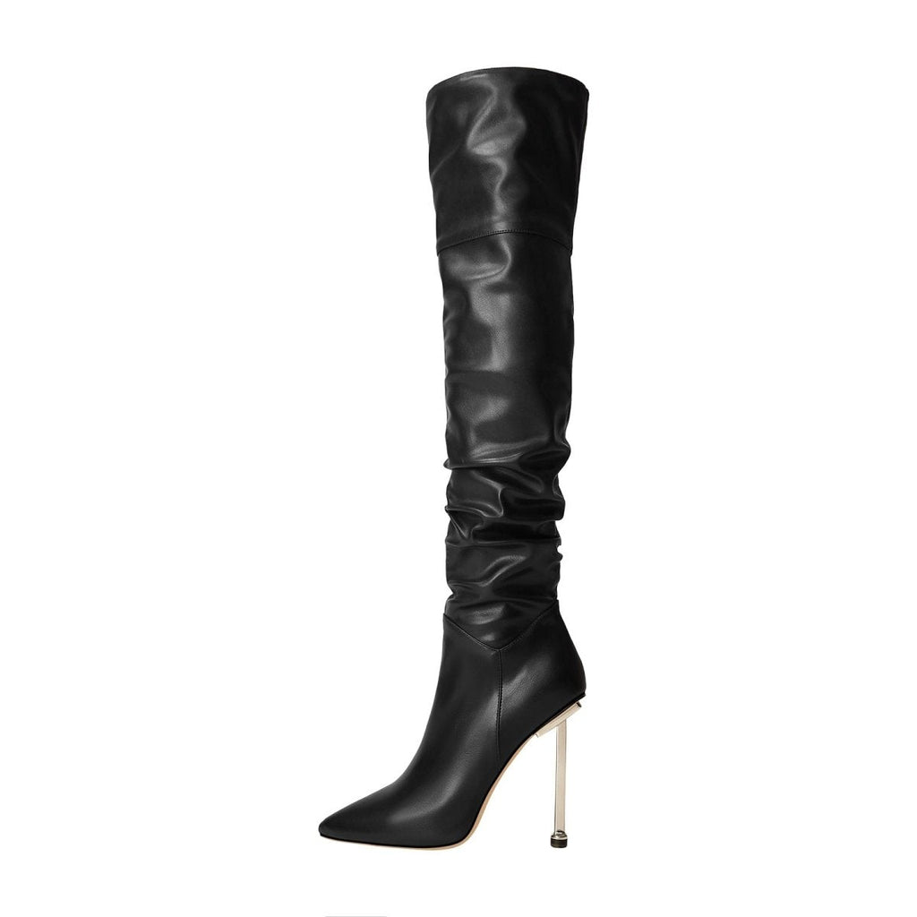 Sexy Pointed Toe Black Ruched Knee High Boots